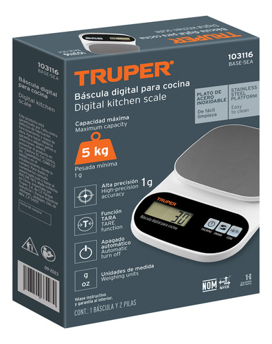 Báscula Digital P/ Cocina Plato Acero Inox5kg Truper 103116 Gris 5 Kg