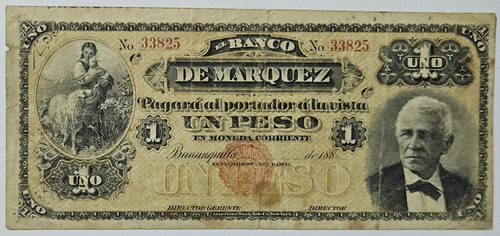 Billete 1 Peso Banco De Marquez 30/oct/1899 Colombia Vf