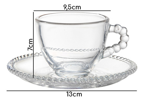 Imagem 3 de 5 de Jogo 4 Xícaras Cafe Chá Com Pires Bolinhas Pearl 270ml Vidro