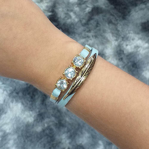 Pulseira Armazem Rr Bijoux Couro Pena E Cristais Azul Claro