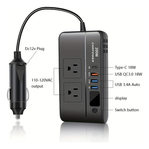 Inversor De Corriente Para Coche De 200w Con Pantalla Led