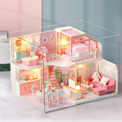 Casa De Muñecas En Miniatura De Bricolaje Con Muebles Y Luce