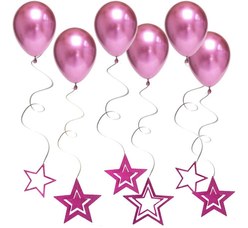 Set  6 Globos Cromados   Con 6 Estrella Colgantes Glitter 