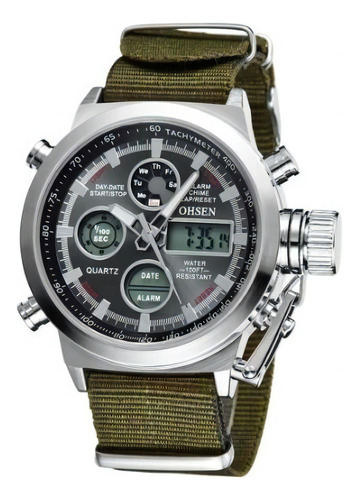 Reloj Ohsen Infantry Analogico Militar Infanteria Digital Color Del Fondo Verde Grisaseo Color De La Malla Verde Color Del Bisel Plateado