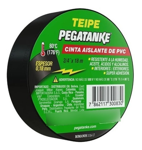 Teipe Negro Pegatanke 3/4¨ X 18 Metros ( 4 Unid)