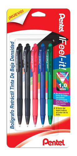 Bolígrafo Pluma Retráctil Pentel Feel-it Bx420 1.0 Mm 5 Pzas Color de la tinta Negro/Rojo/Azul/Verde