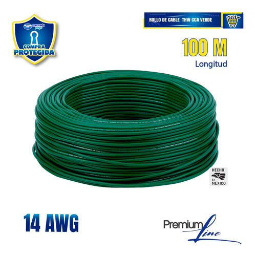 Rollo De 100 Metros De Cable Thw Cca 14 Awg Verde 40219