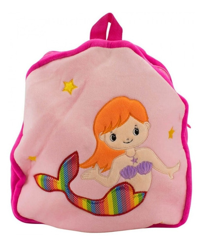 Mochila Infantil Pelúcia Rosa Sereia Mini 31x28 Cm Desenho do tecido Liso