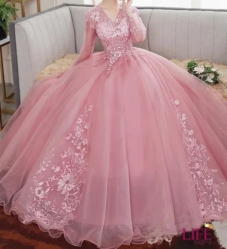 Vestido Longo 15 Anos Rosa Debutante Princesa Manga e22c