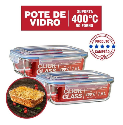 Kit 2 Potes De Vidro 100% Herméticos 1,5l Click Glass Cor Transparente