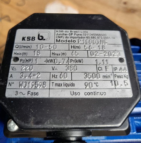 Bomba Ksb Hydrobloc P1000 1 Cv 220/380v Trifásico Periférica Cor Azul Fase Elétrica Trifásica Frequência 60hz