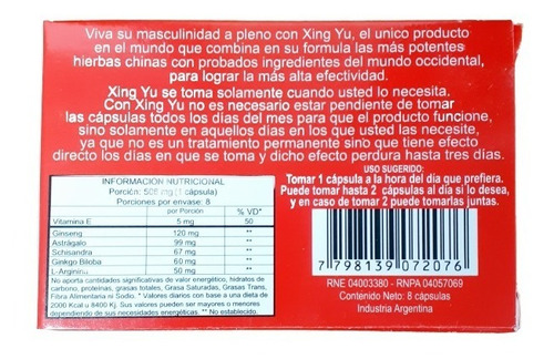 Xing Yu X 8 Caps. Potenciador Masculino Vigorizante Natural