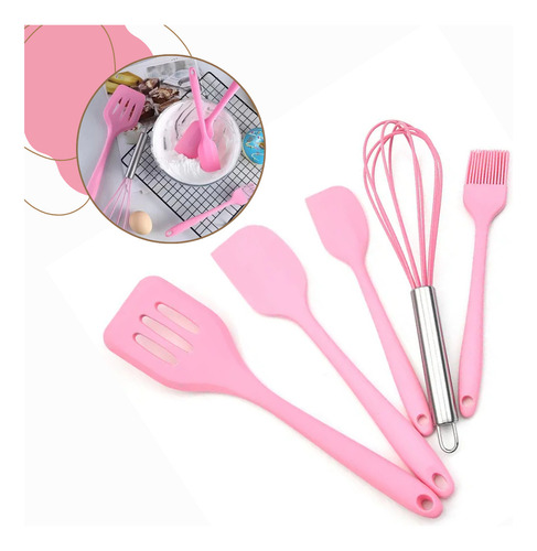 Kit 5pçs Utensilio Cozinha Colher Espatula Silicone Maciço Cor Rosa