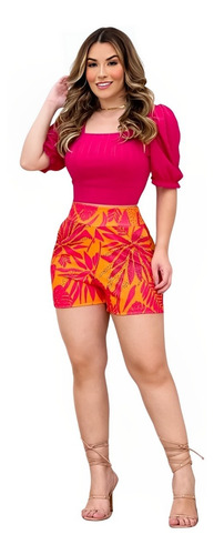 Conjunto Feminino Blusa Cropped Manga Bufante E Short Cs02