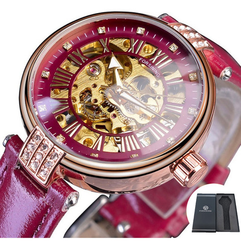 Reloj mecánico Forsining Luminous de piel, correa de color morado