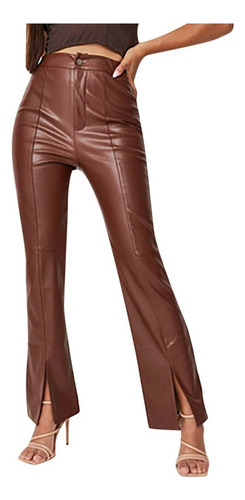 Pantalones De Cuero Sólido De Cintura Alta For Mujer K Pa