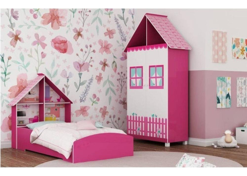 Quarto Infantil Cama E Guarda Roupa Casinha Pink Ploc/branco