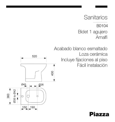 Imagen 2 de 8 de Bidet Piazza Amalfi Diseño Blanco Baño Loza 1 Aguj
