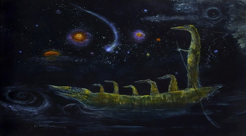 Cuadro Canvas Barco De Cocodrilos De Leonora Carrington Color Negro Armazón Madera