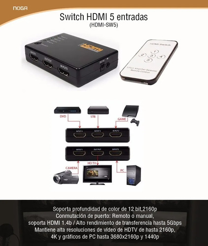 Switch Hdmi 5 Entradas Selector Divisor Noga +control Remoto