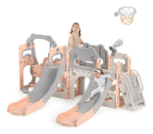 Juego Tobogán Columpio Niños 8 En 1 Aire Libre Doble Rosa Gery