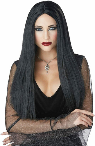 Peluca Negra 60 Cm Sin Fleco Bruja Morticia Disfraz Cosplay 