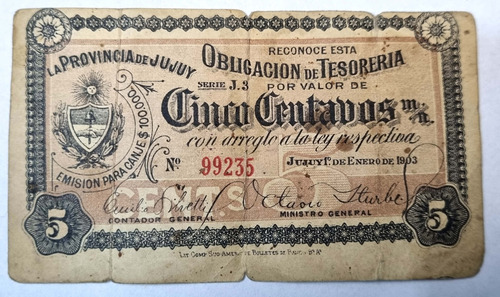 Antiguo Billete 5 Centavos Provincia De Jujuy 1903