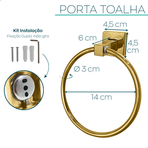 Suporte Para Toalha Dourado Toalheiro Redondo Argola Inox304 Porta Toalha De Rosto Argola Metal Gold Brilhoso Lavabo Dona D.cor