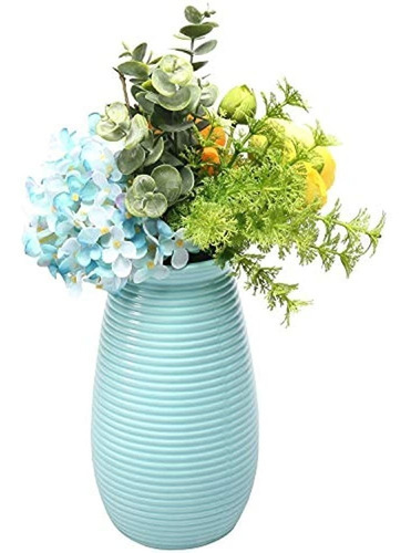 Mygift - Florero De Ceramica Con Nervaduras Azul Cielo Mode