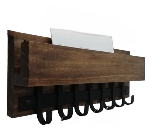 Perchero 40cm Porta Llaves Rústico De Madera Con 7 Ganchos 