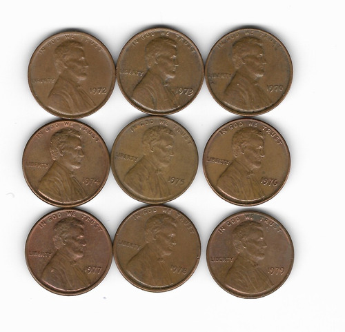 Ltc250. 9 Monedas De 1 Centavo, Ceca P, Decada De 70s, Usa