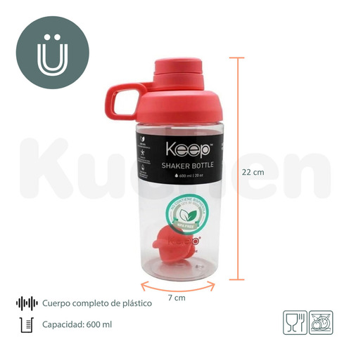 Imagen 2 de 10 de Botella Keep Shaker 600ml Con Mezclador Batidos Fit Kuchen