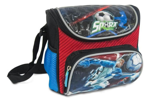 Lancheira Infantil Com Bolso Estampa Sports Preta E Vermelha