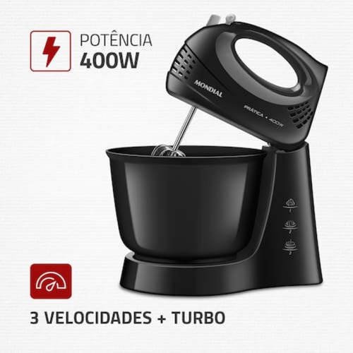 Batedeira Prática B44 B-44 Mondial Potência De 400w Capacidade De 3,6 Litros Com 3 Velocidades E Turbo Batedores Em Aço Cromado Plugue 2 Pinos Preto