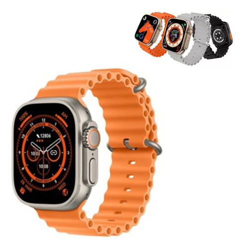 Smart Watch T900 Ultra Smartwatch negro, 49 mm, Android Ios, carcasa plateada, pulsera naranja, bisel plateado, diseño de pulsera de malla