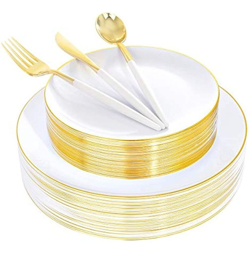 Supernal 150 Piezas De Platos De Plástico Blanco Y Dorado, C