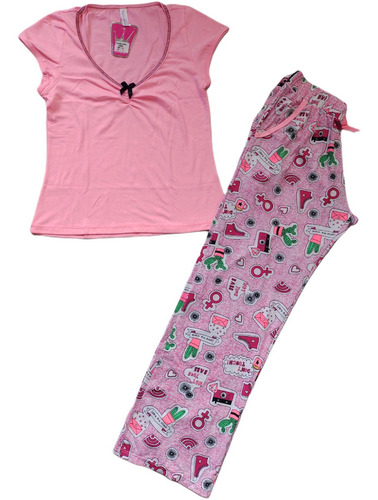 Pijama Pantalón Largo Blusa Manga Corta Lycra Algodon Dormir