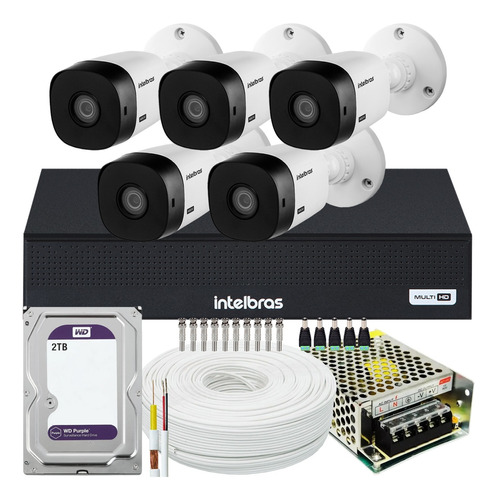 Kit 5 Câmeras Intelbras 1220b Full Multi Hd Dvr 8 Ch 2tb Wd