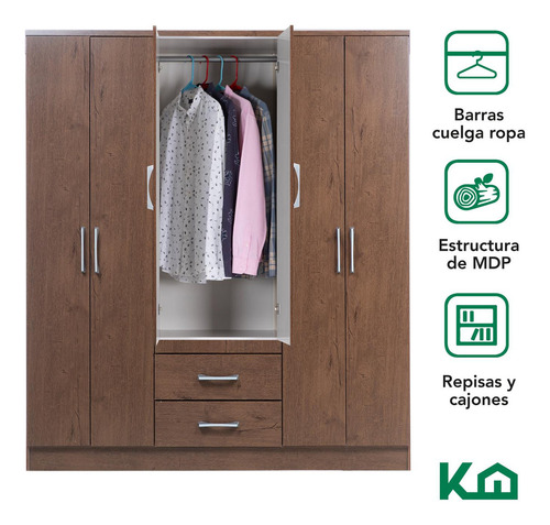 Closet Armario Estructura En Mdp Con 6 Puertas Y Cajones Moderno Color Café Kingshouse