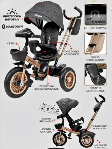 Triciclo Para Niño Evolutivo Usb Giratorio Reclinable Cros
