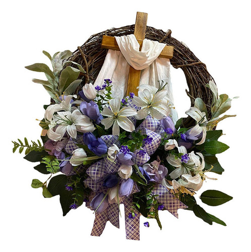 Corona De Cruz De Pascua Hecha A Mano Para Puerta