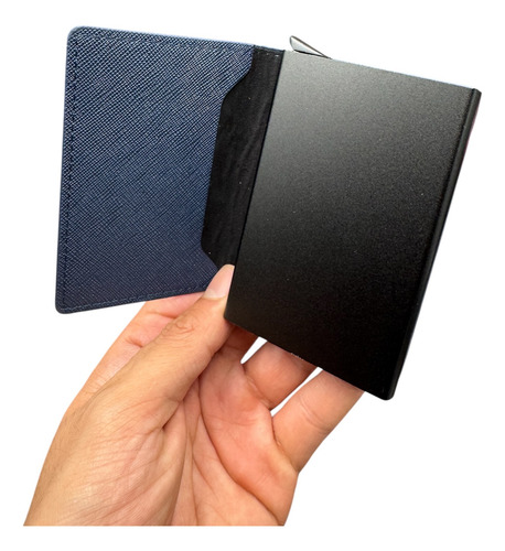 Tarjetero Inteligente Rfid Aluminio Con Cuero Sintético Azul Con Blanco