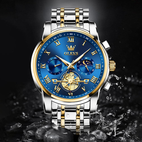Reloj Olevs Blue Analog Quartz De Acero Inoxidable Para Homb