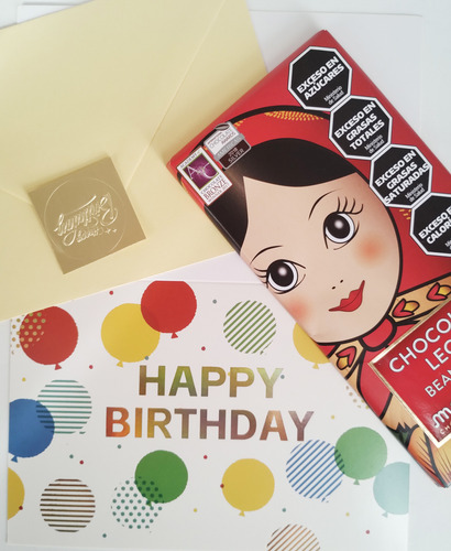 Tarjetas Feliz Cumple + Chocolate Mamuska + Sobre/ Sticker Amrillo