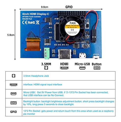 Pantalla Táctil Miuzei Raspberry Pi 4 Con Funda Y Ventilador
