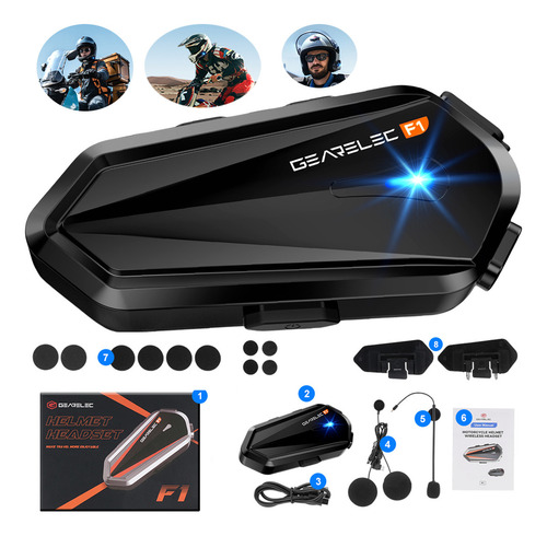 Audífonos Para Casco De Motos Gearelec F1 Bluetooth 5.3 Impermeables 2000mAh Batería Llamadas manos libres Hifi Eq Sonido 3D estéreo