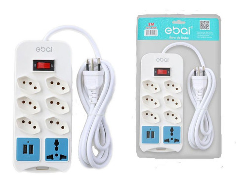 Extensão Elétrica 7 Tomadas Régua Bivolt 2 Usb Cabo 1,9m