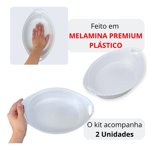 2 Tigelas 1,3l Branca Oval Com Alça 27,7cm Ondulada Melamina