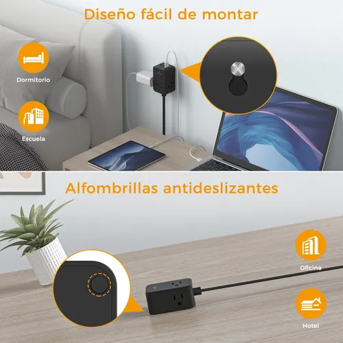 Multiple Enchufe Plano Con 1.5m 3 Salidas Ca Y 2 Puertos Usb