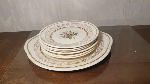 Set De 6 Platos De Postre Más Plato De Torta Antiguos Blanco Floreado (Usado)